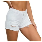 Cathalem Beach Shorts for Women Plus Size Women's Casual Jean Shorts Denim Summer Hot Shorts(White,XXL)